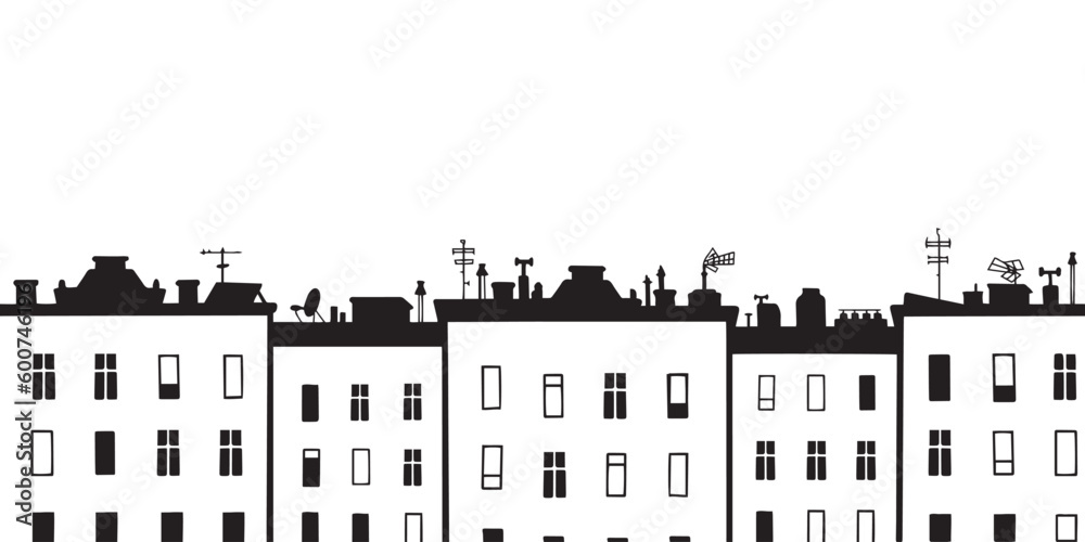 houses, city, linear seamless background 2
