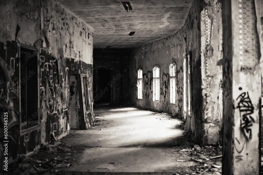 Black and white shot of corridor in old hospital in Germany