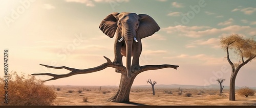 Happy Elephant, Sitting on Tree Branch, Summer Desert Landscape, Generative AI
