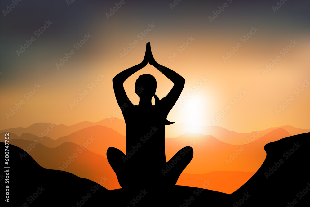 Woman practicing yoga lotus pose on mountain with sunset, calm environnement for breathing, concentrate and recovering energy
