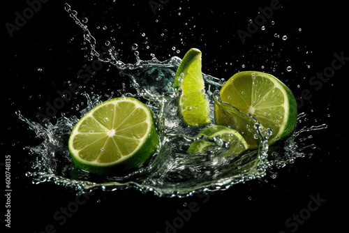 Juicy lime and water splashes on black background. AI generative.