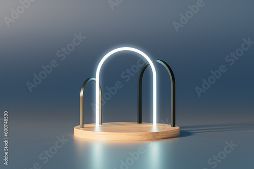 3d presentation wooden pedestal with arches over metallic background. 3d rendering of mockup of presentation podium for display or advertising purposes