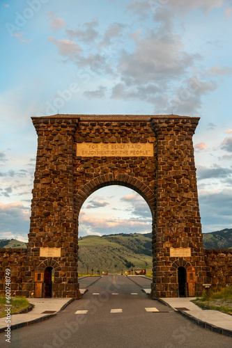 Looking Through An Empty Roosevelt Arch At Sunset In Yellowstone photo