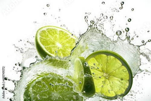 Juicy lime slices and splashes of water on a white background. AI generative.