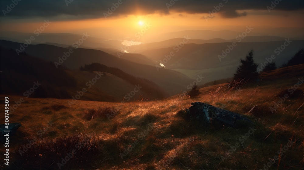 Early morning sunrise in Carpathian mountains. Magnificent Gorgany landscape. AI generated. Generative AI