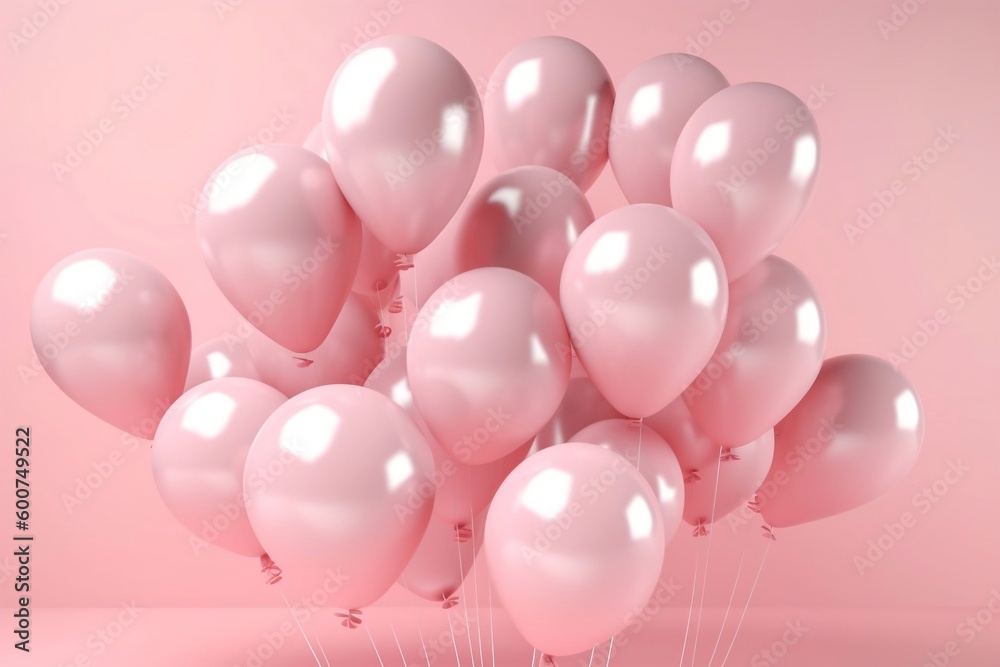 Balloons on Pastel Pink Background (3D Rendering). Generative AI