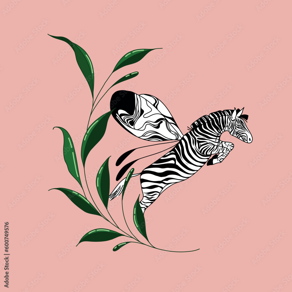 Obraz premium Zebra with butterfly wings on a pink background with a twig