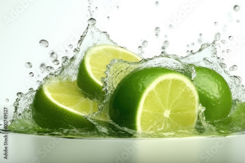 Lime slices and splashes of water on a white background. AI generative.