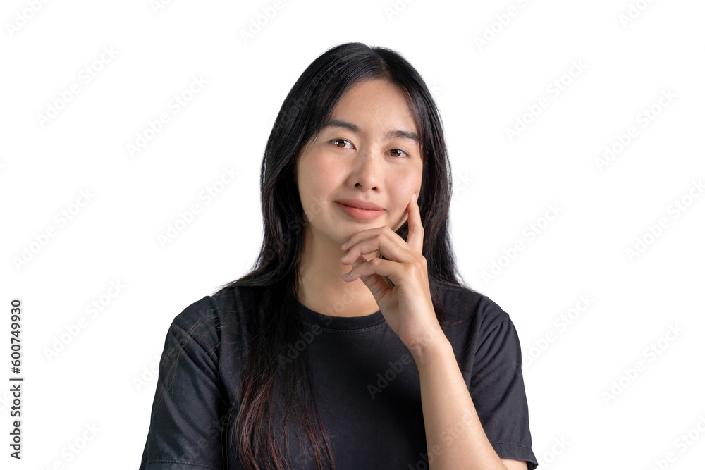 Beautiful Asian girl in a black shirt thinking and looking at camera Content concept Thinking about the future Have a good idea Find inspiration or solution on a white background. Beautiful Asian girl in a black shirt thinking and looking at camera Content concept Thinking about the future Have a good idea Find inspiration or solution on a white background.