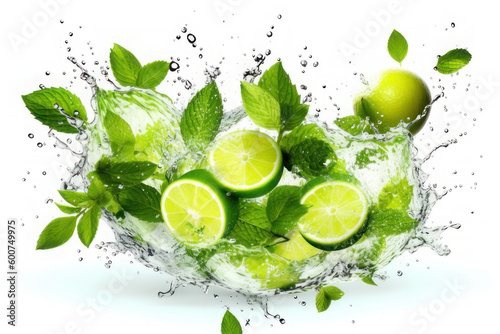Mojito cocktail. Lime slices  mint leaves and water splashes on white background. AI generative.