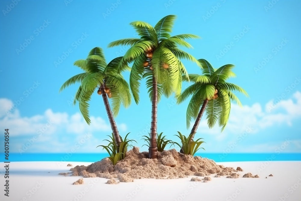 Coconut Trees on Blue Beach Sand Background. Generative AI