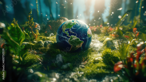 Globe in the moss in the forest on World Earth Day. Generative AI