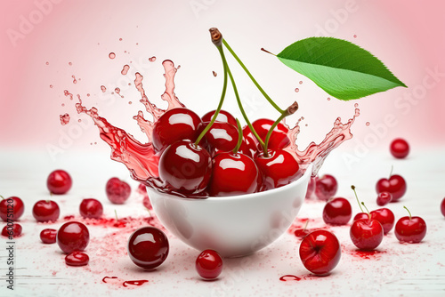 Levitation red cherry in white bowl with juice splash on pink background. Summer or spring concept. AI Generative.