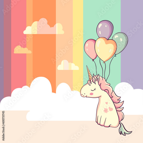 Happy birthday unicorn with air balloons on rainbow background. Cute cartoon character little horse in entertaiment card design.  Kawaii fairy animal with horn. Vector illustration for baby shower
