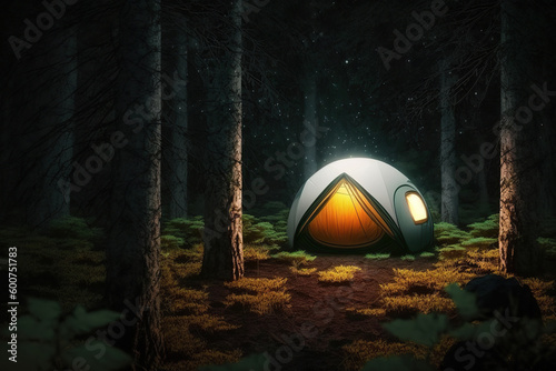 Tent with light in the night forest, eco vacation in nature. Rest place in forest, Modern outdoor recreation concept. AI generative.