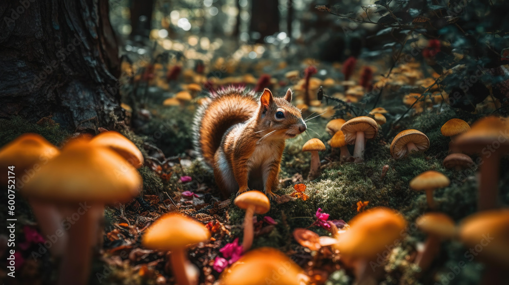 Fototapeta premium Squirrel in mushroom forest