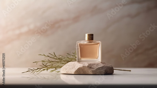 Perfume bottle on natural stone background. Illustration AI Generative.