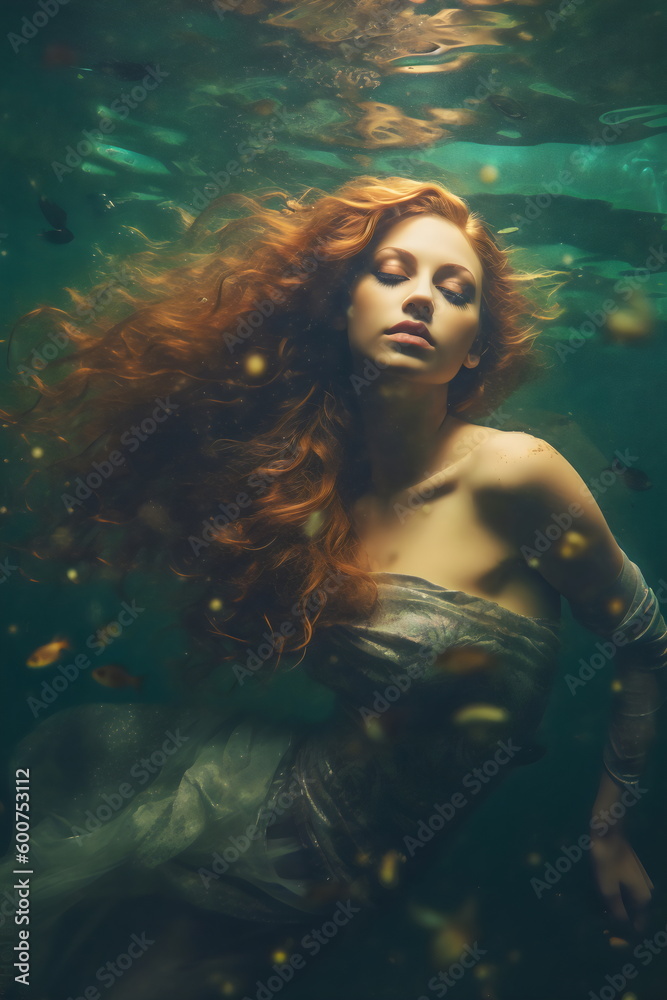 redhead pale woman mermaid with floating flowers editorial underwater photo made with generative ai redhead pale woman mermaid with floating flowers editorial underwater photo made with generative ai