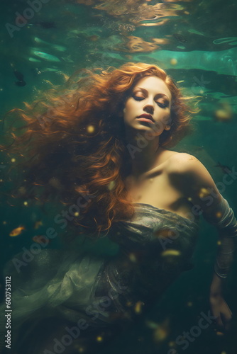 redhead pale woman mermaid with floating flowers editorial underwater photo made with generative ai