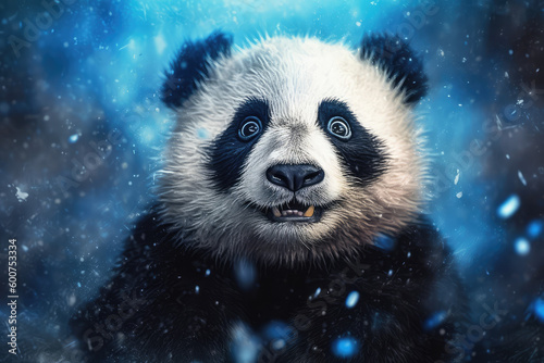 giant panda in the snow blue background made with generative ai