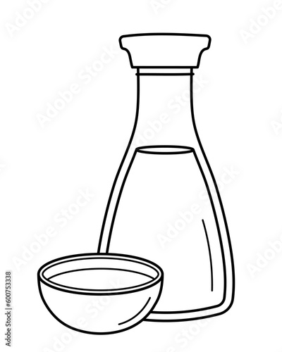Soy sauce. Glass bottle of traditional asian sauce with gravy boat. Doodle sketch style. Vector illustration isolated on white background.