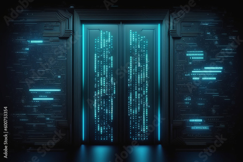 Blue data warehouse hacking backdoor with locker neon cybersecurity door