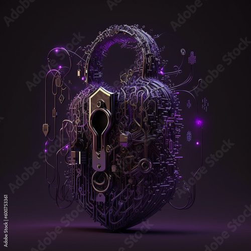 Cybersecurity locker backdoor hacking purple steel with gold elements darkweb neon sign in