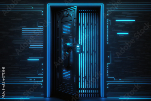 Blue data warehouse hacking backdoor with locker neon cybersecurity door opened photo