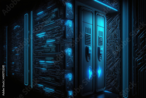 Blue data warehouse hacking backdoor with locker neon cybersecurity