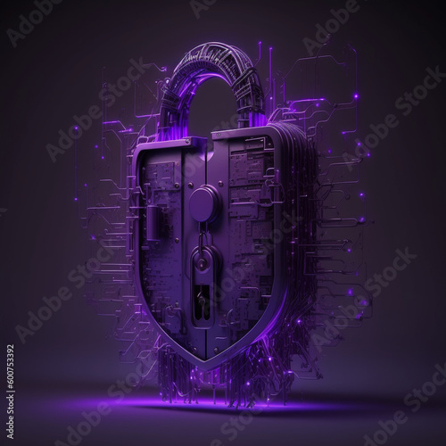 Cybersecurity locker backdoor hacking purple steel with gold elements darkweb circuit