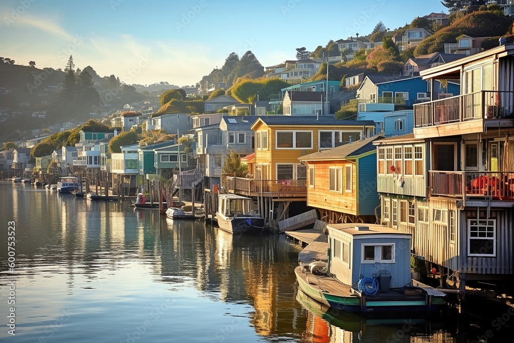 Waldo Point Harbor, Houseboats Silhouettes, San Francisco Bay, Generative AI