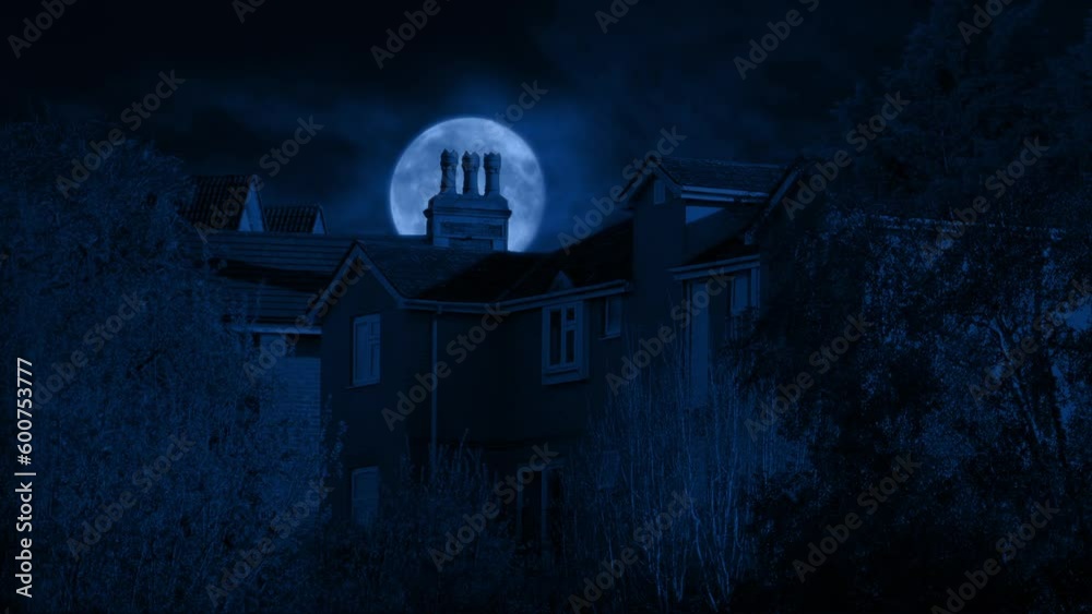 Houses With Full Moon Behind The Chimney Scary Scene Houses With Full Moon Behind The Chimney Scary Scene