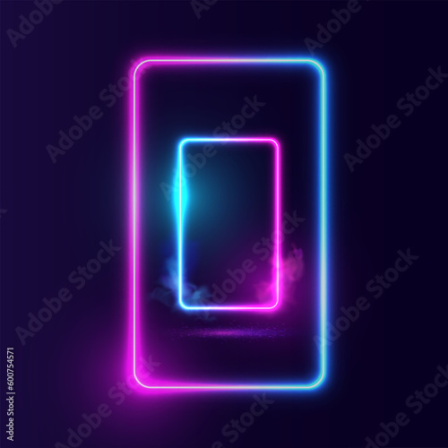 Glowing neon lighting frame with cyan and pink background.	