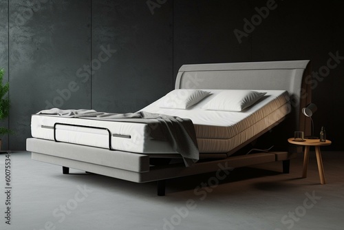 Adjustable bed base with slatted frame for optimal support and comfort. Generative AI photo