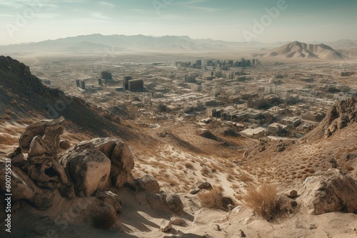 A modern metropolis, backdrop of the peak, arid sand terrain, rocks and stony formations in the foreground plus panoramic mountain horizon. Generative AI