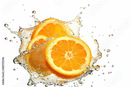 Orange slices and splashes of water on a white background. AI generative.