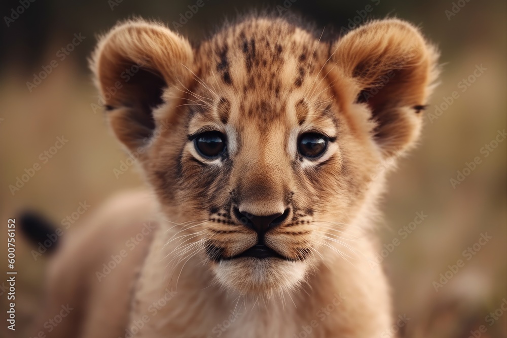 Fototapeta premium Little cute lion cub, close-up. Generative AI