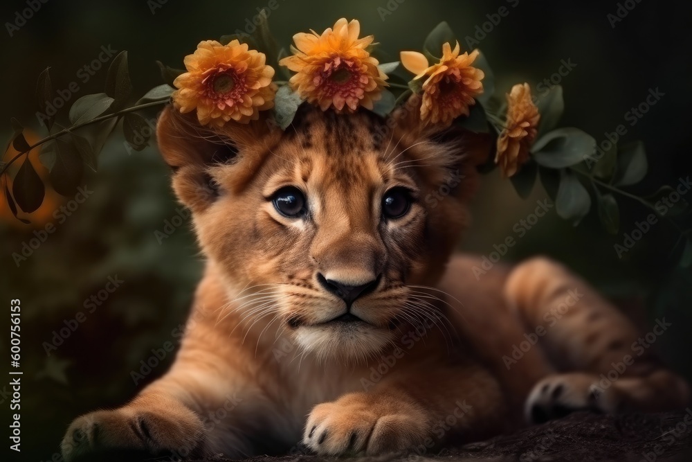 Beautiful little lion cub with flowers. Generative AI Beautiful little lion cub with flowers. Generative AI
