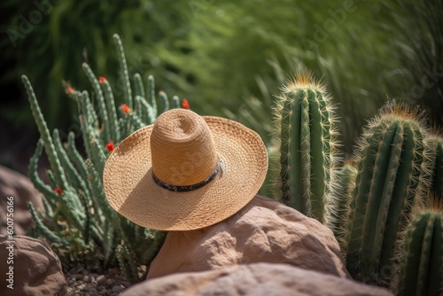 Mexican cactus and sombrero hat in nature. Generative AI