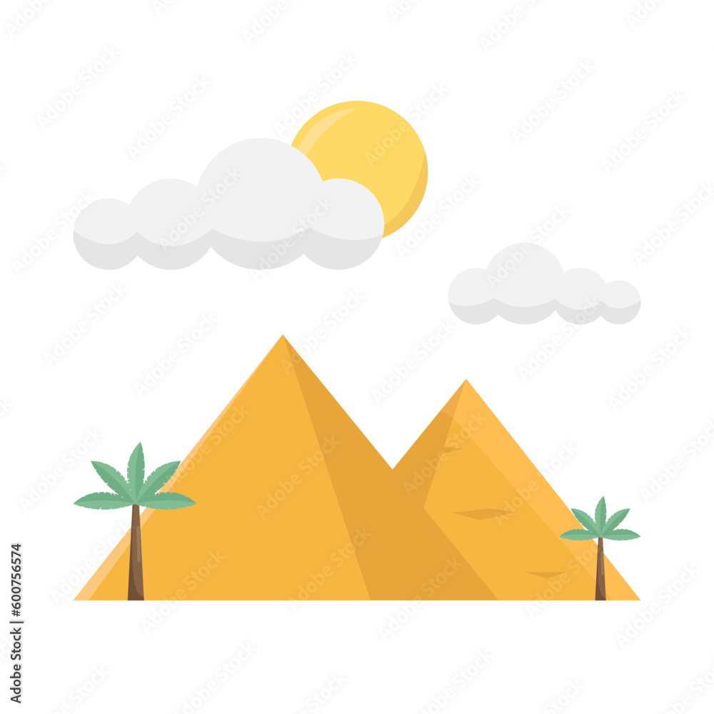 egyptian pyramids summer, sun with cloud and tree illustration  - obrazy, fototapety, plakaty 