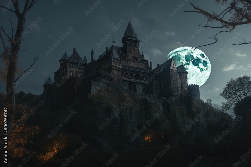 halloween castle in the night. Generative AI