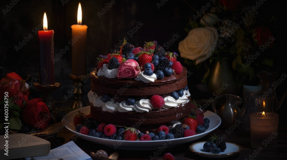 cake with raspberries. Generative AI