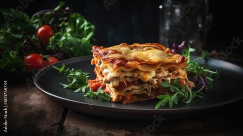 lasagna on a plate with vegetables