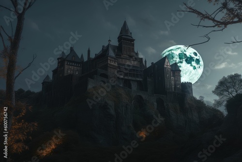 halloween castle in the night. Generative AI
