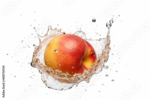 Juicy peach and splashes of water on a white background. AI generative.