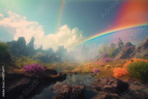 rainbow over the lake. Generative AI © om