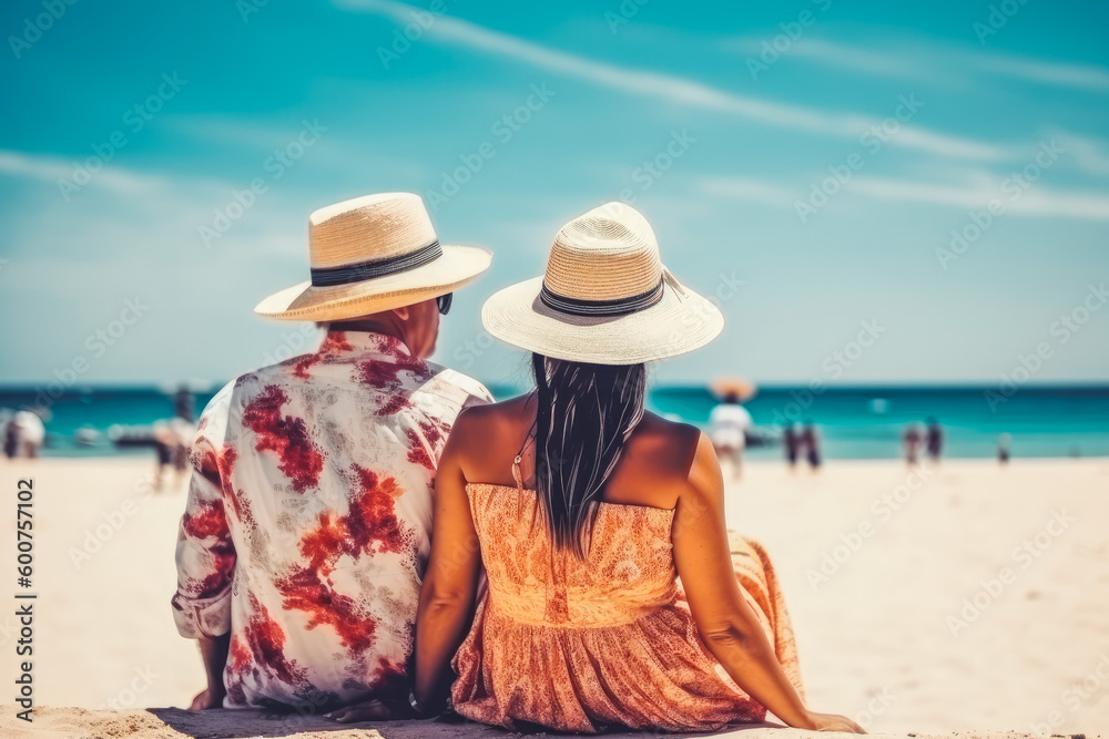Mexico travel destination. Tourist couple on sunny sandy beach with beautiful landscape. Generative AI.