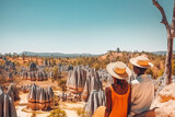 Madagascar travel destination. Tourist couple in sunny nature with beautiful landscape views. Generative AI.