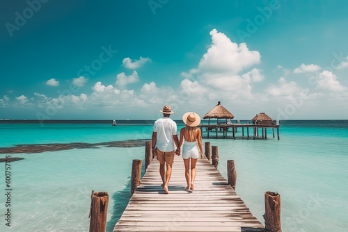 Cancun travel destination. Tourist couple on sunny sandy beach with beautiful landscape. Generative AI. photo