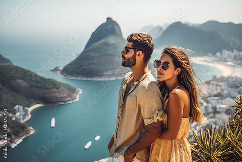 Rio de Jainero travel destination. Tourist couple on sunny sandy beach with beautiful landscape. Generative AI. photo